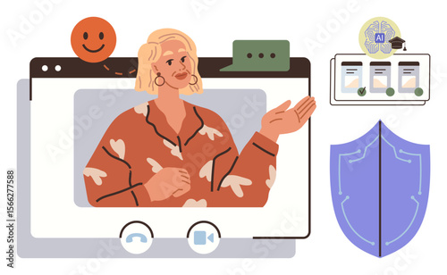 Woman presenter in virtual meeting, AI-certified learning tools, secure shield, chat messages, and smiling emoticon. Ideal for education, technology, security, AI communication leadership online
