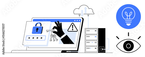 Digital security scene featuring laptop, lock, keys, alert icon, cloud upload, server, lightbulb, and eye. Ideal for cybersecurity data protection online privacy technology innovation cloud