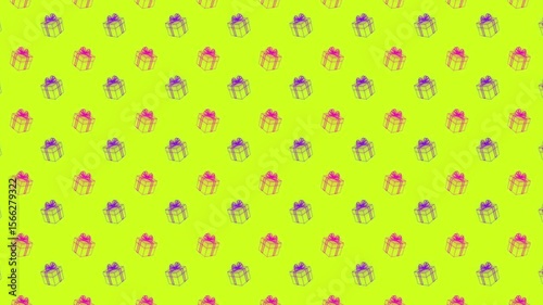 Pink and purple gift boxes are moving in different directions on a green background. Animated happy birthday background.