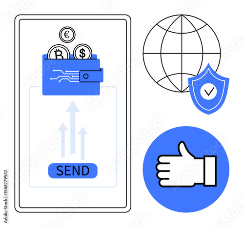 Smartphone screen showing digital wallet, cryptocurrency coins, send button, global connectivity icon, shield for security, thumbs-up icon. Ideal for finance, fintech, global trade digital currency