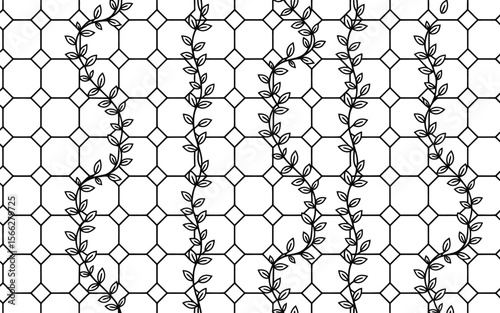 Black and white geometric pattern with stylized vines and leaves