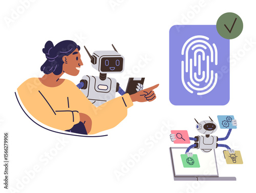 Woman points at robots multitasking with laptop, searching, organizing files, and displaying fingerprint verification. Ideal for technology, AI, innovation, automation, management security