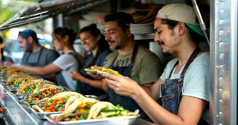 Vibrant street taco stand with happy customers enjoying food