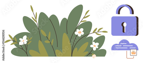 Green foliage with flowers paired with a lock and cloud upload icon, symbolizing data security. Ideal for cybersecurity, privacy, nature-tech balance, cloud storage, data safety, eco-friendly