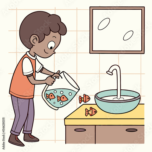 A person cleaning a fishbowl on a bathroom counter with a mirror and various bathroom items present