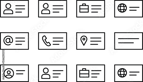 Contact Information Icons Set Outline Style - User, Email, Phone, Location, Website, Business Card Symbols