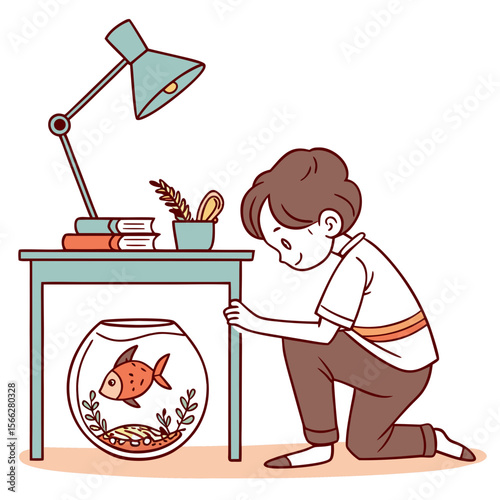 A boy kneeling by a table feeding a goldfish in a bowl with a stick next to books and pencils on it