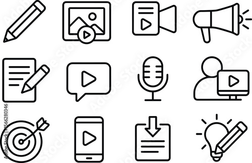 Content Creation Outline Icon Set Vector Illustration for Digital Marketing and Social Media Strategy
