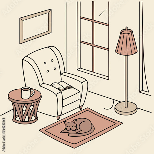 Illustration of a cat resting on an armchair next to a coffee table under a lamp on a beige background