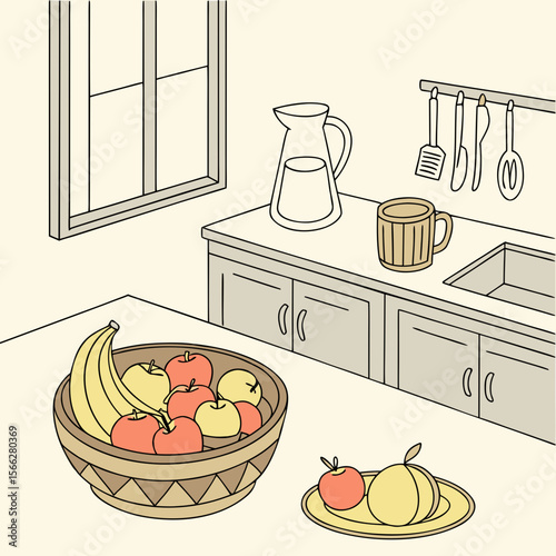 A kitchen scene featuring a fruit bowl, kettle, plant, and other kitchen essentials on the countertop