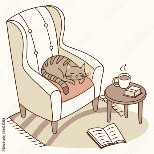 Illustration of a cat reading a book on an armchair near a fireplace and a bookshelf in a cozy room
