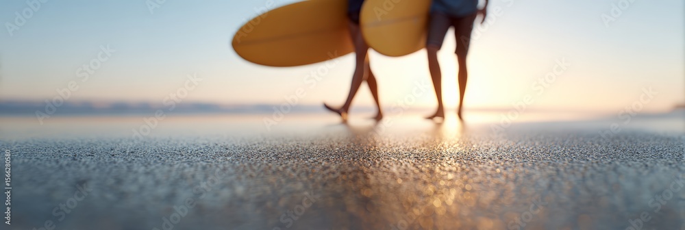 Fototapeta premium Two surfers are walking along the shore at sunset, carrying their surfboards after a day of riding waves, with golden light reflecting on the wet sand