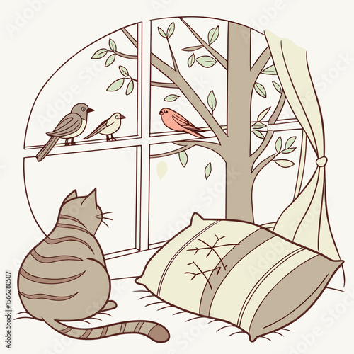 A cat sitting on a bed looking out of a window at two birds in a tree in a peaceful illustration
