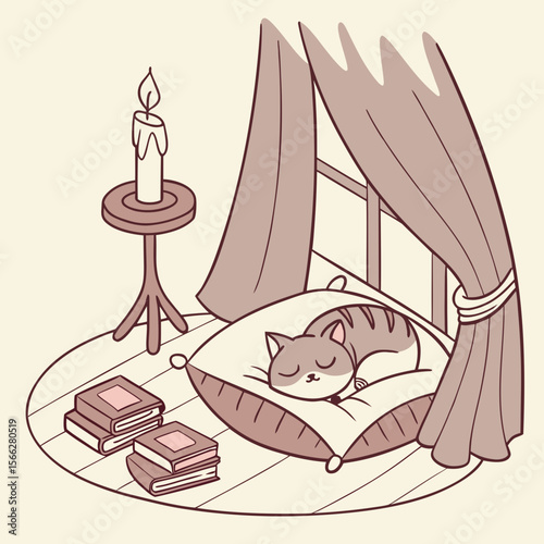 A cozy scene featuring a sleeping cat in a bed near a candle with furniture and a bookshelf around it