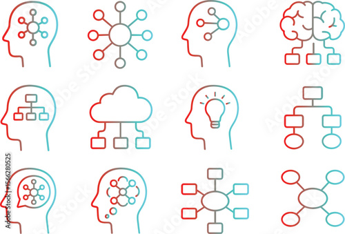 Human Head Icons Set Outline Style Vector Illustration Artificial Intelligence Machine Learning and Neural Networks