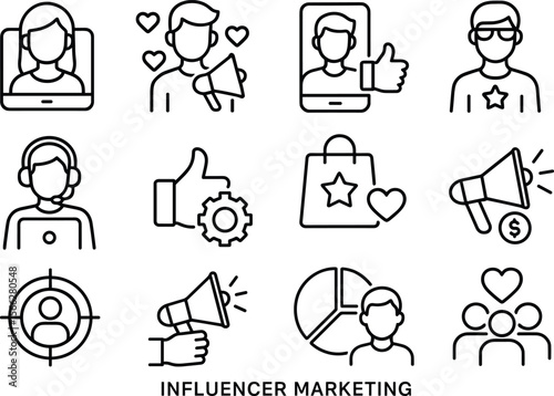 Influencer Marketing Outline Icon Set Vector Illustration for Social Media Strategy and Digital Promotion