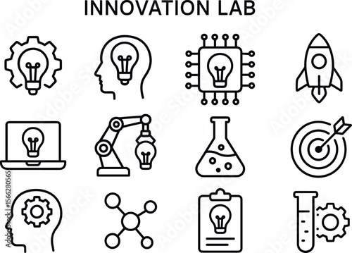 Innovation Lab Icons Set Creative Idea Development Research Process Technology Solution Outline Vector Design