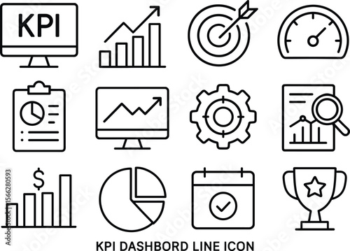 KPI Dashboard Line Icon Set Displaying Key Performance Indicators for Business Analytics and Reporting