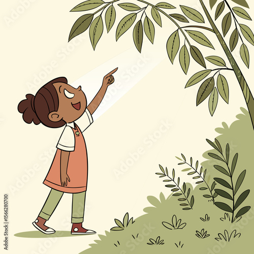 Illustration of a girl in overalls reaching for leaves on a tree in a sunny flower garden scene