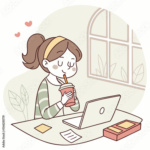 A girl with ponytail drinking from a cup while using a laptop with books and plant on the side art