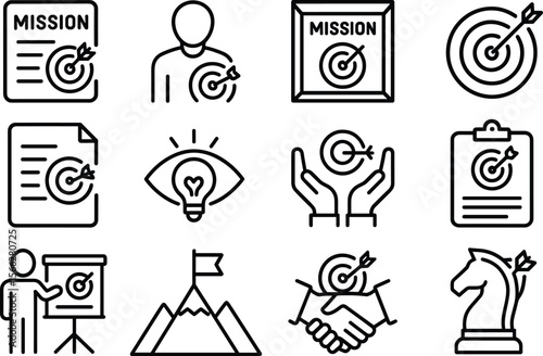 Mission Icons Set Outline Style Vector Illustration Purpose Direction Goal Achievement Strategy Planning