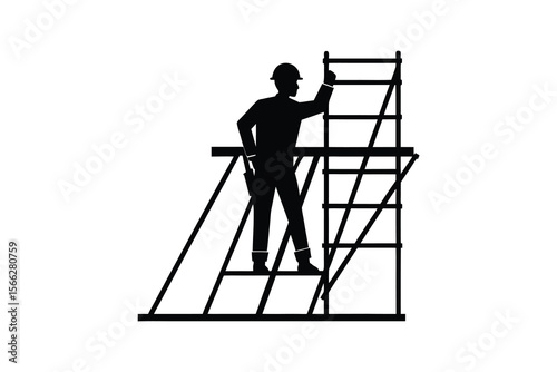 Construction Worker Climbing Scaffolding Ladder Silhouette