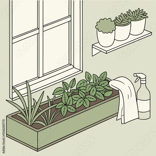 A cozy indoor scene with a chair draped in white fabric near a window box filled with green plants