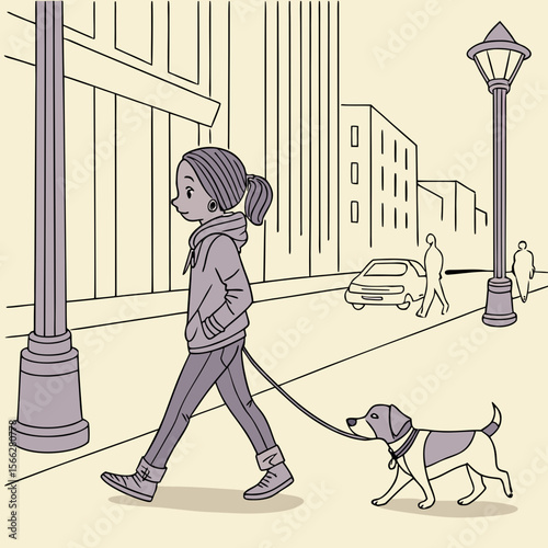 A person in a hoodie walking a dog on a leash down a city street with buildings and cars in the background
