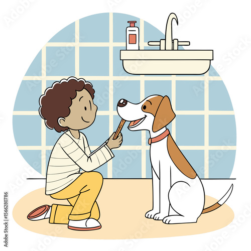 A young boy kneeling and brushing the teeth of a happy dog in a bathroom with a sink and window present