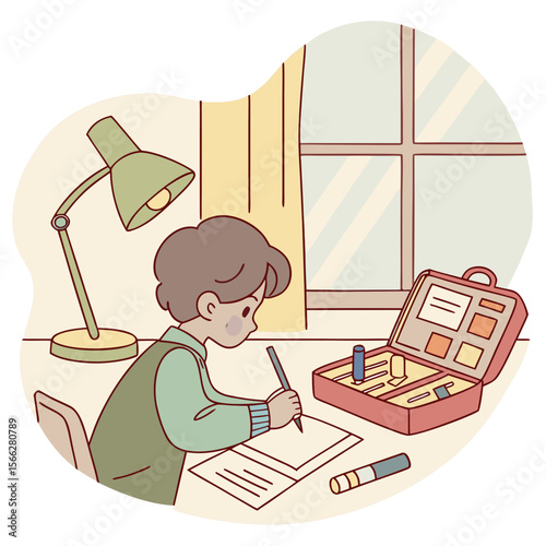 Girl studying science at desk with microscope test tubes plant and chemical structure on wall near window