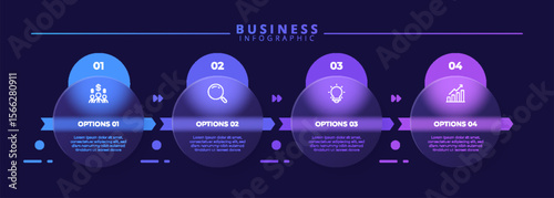 Infographic label design template featuring icons and four distinct steps. Ideal for process charts, presentation slides, workflow schemes, banners, flow diagrams, and data visualizations.