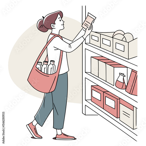 Woman with a bag reading a document in a store aisle with shelves stocked with various products items