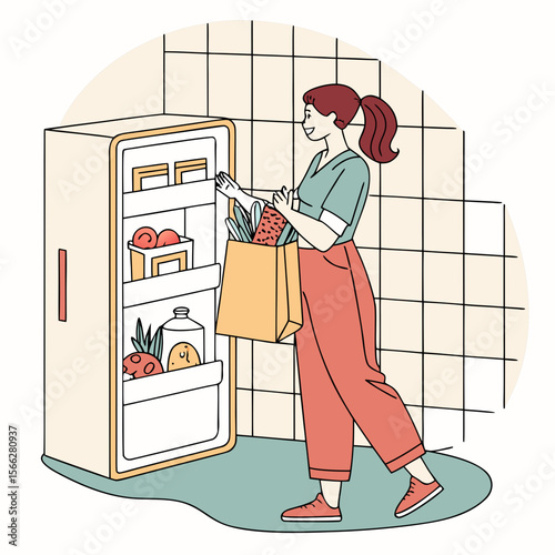 A woman is putting groceries into a white refrigerator in a kitchen with wooden floors and a rug on the floor