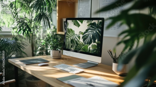 A bright workspace featuring a desktop computer with a tropical leaf wallpaper, surrounded by lush green plants on a wooden desk.