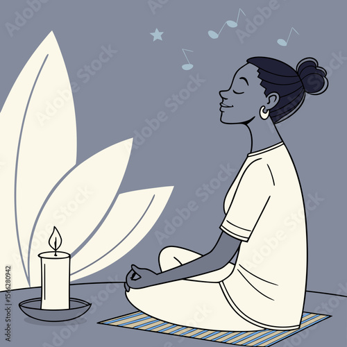 Woman meditating on a cushion with a candle and music notes in a room with a window and light sparkles