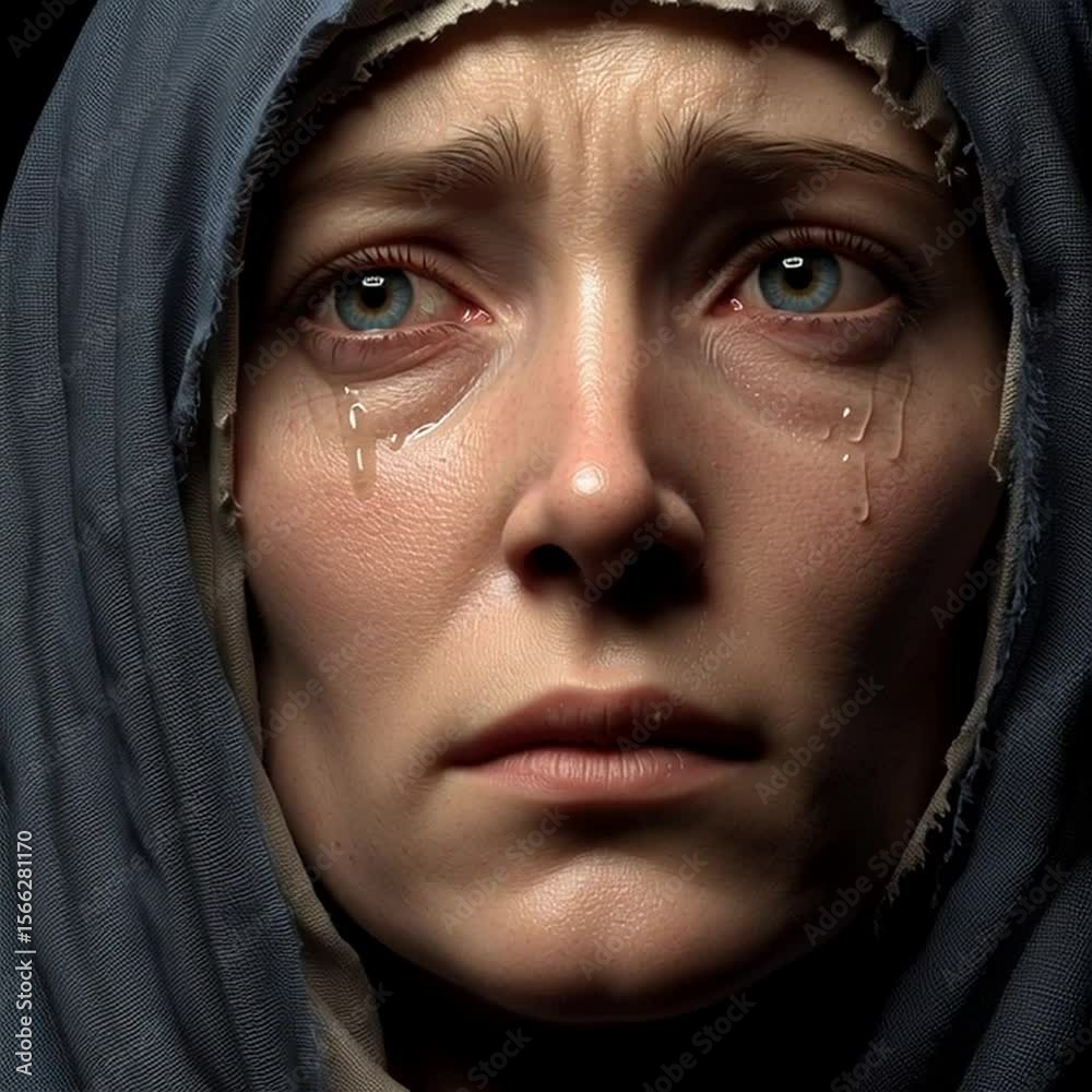 Creative lifestyle Concept. Sad woman in 40s with piercing blue eye and head scarf sob cry with tears rolling down the face. clip mov HD motion