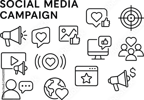 Social Media Campaign Icons Set Outline Style for Digital Marketing, Advertising, and Online Communication