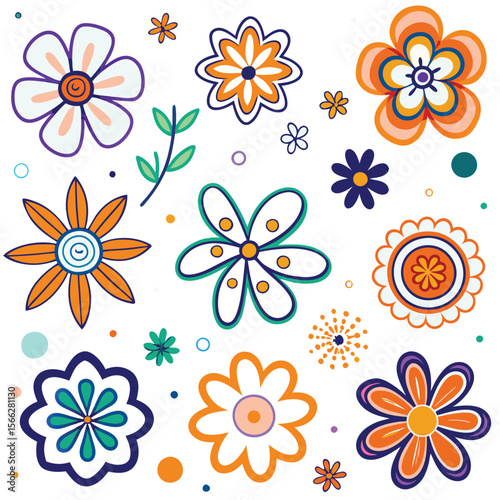 Vibrant floral pattern with various flower shapes and colors