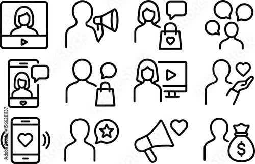 Social Media Marketing Outline Icon Set Vector Illustration for Digital Strategy and Online Promotion