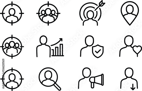 Target Audience and Customer Profile Icons Set Outline Style for Marketing Research and User Analysis