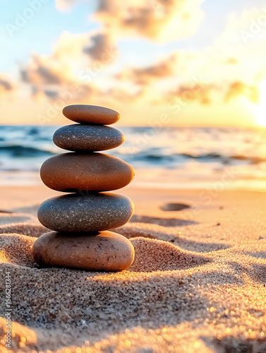 Serene Sunset Beach: AI-Generated Stacked Stones Image -  Peaceful Coastal Meditation Scene, Balance, Nature Photography
