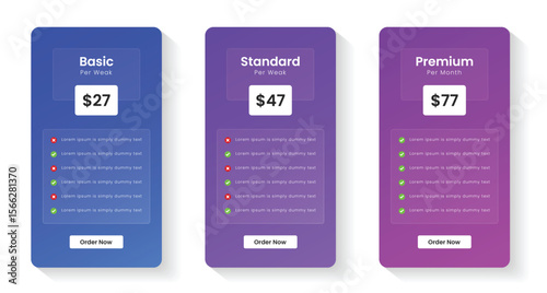 Pricing plans table, pricing chart, price list for web or app. Ui UX pricing design tables with tariffs. Product comparison business web plans. Subscription features checklist and business plans.