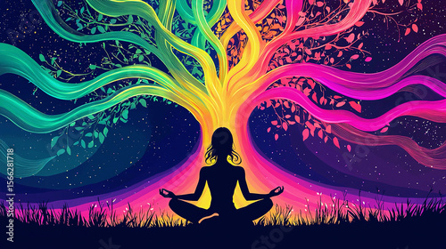 AI Generated: Serene Silhouette Meditating Beneath a Vibrant Rainbow Tree of Life in a Starry Night.  A captivating digital artwork exploring themes of peace, nature, and inner harmony.