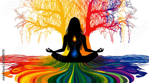 AI Generated: Serene Yoga Silhouette with Vibrant Chakra Tree - Colorful Abstract Art