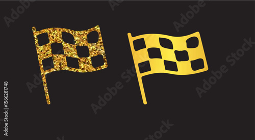 Two checkered flags one gold and floral on a dark background art