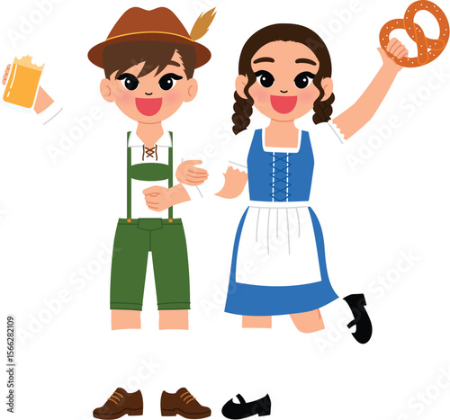 happy male wear lederhosen hooked arms with smile female wear traditional dirndl dress cartoon character celebrate Oktoberfest with beers and pretzel illustration