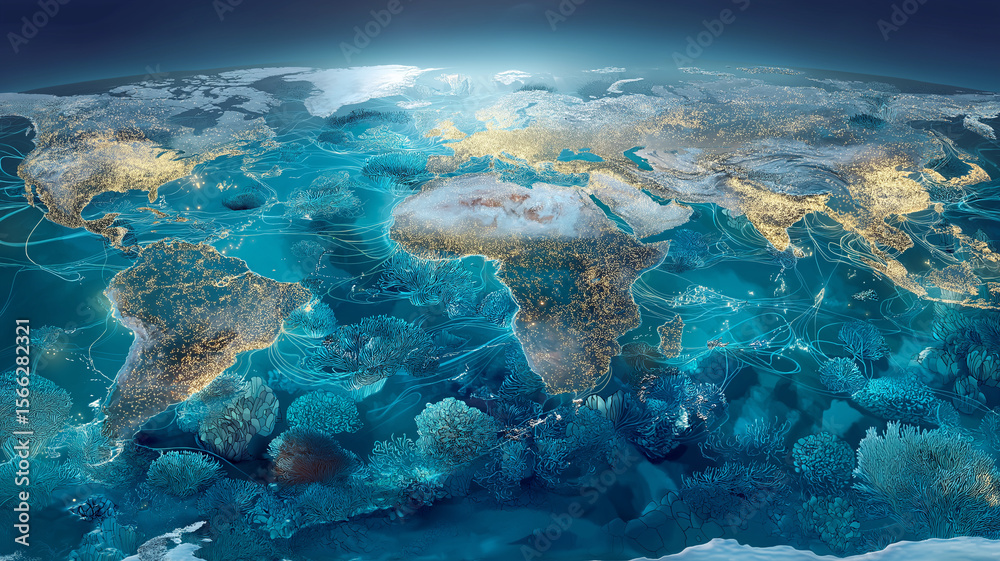Fototapeta premium Vibrant illustration of world map blends terrestrial and marine ecosystems, highlighting coral reefs beneath continents. image emphasizes global interconnectedness and environmental diversity