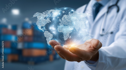 Doctor in white coat holds digital hologram of world map, symbolizing global telemedicine and healthcare access. background features blurred shipping containers, indicating global supply chains