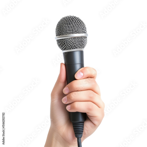 Hand holding microphone for singing and public speaking in a bright setting, Hand Holding Microphone for Singing or Public Speaking on white background