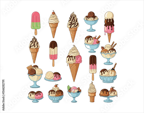Ice cream served in a waffle cup and a popsicle. A variety of different ice creams. A big assortment of ice cream. Vector illustration isolated on a white background
